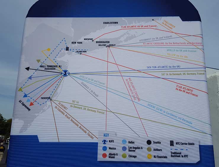 This map at NJFX details the many undersea cables that connect at landing stations along the East Coast. (Photo: Rich Miller)